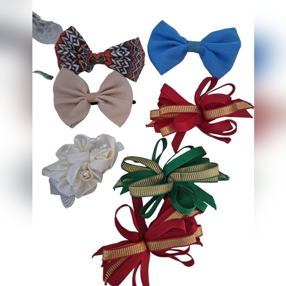 ASSORTED VTG barrettes bows hair clips cloth ribbon satiny pearly red green 7